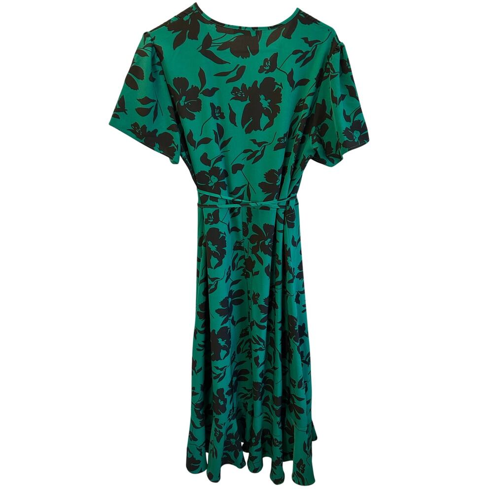 Pretty Garden Wrap Dress Emerald Green Black Floral Maxi Short Sleeve Size Large - Picture 4 of 9